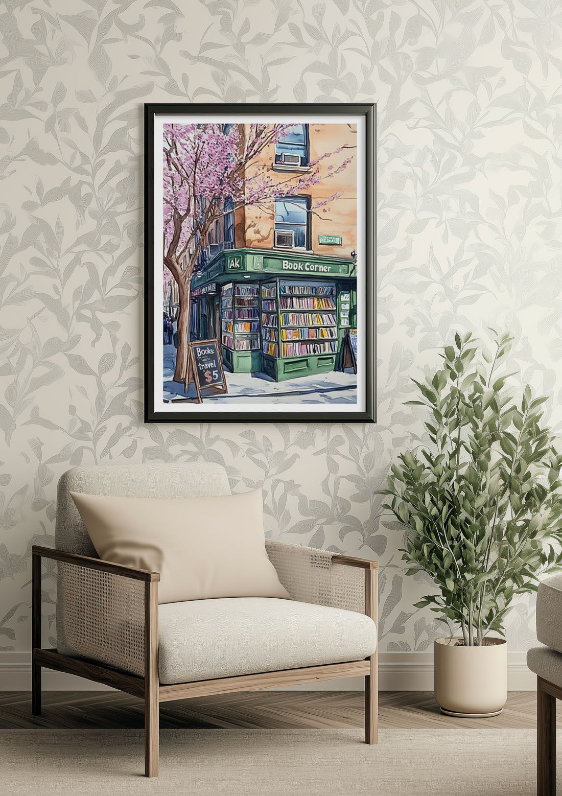 Affiche illustration d'une libraire new yorkaise encadrée au dessus d'un fauteuil.