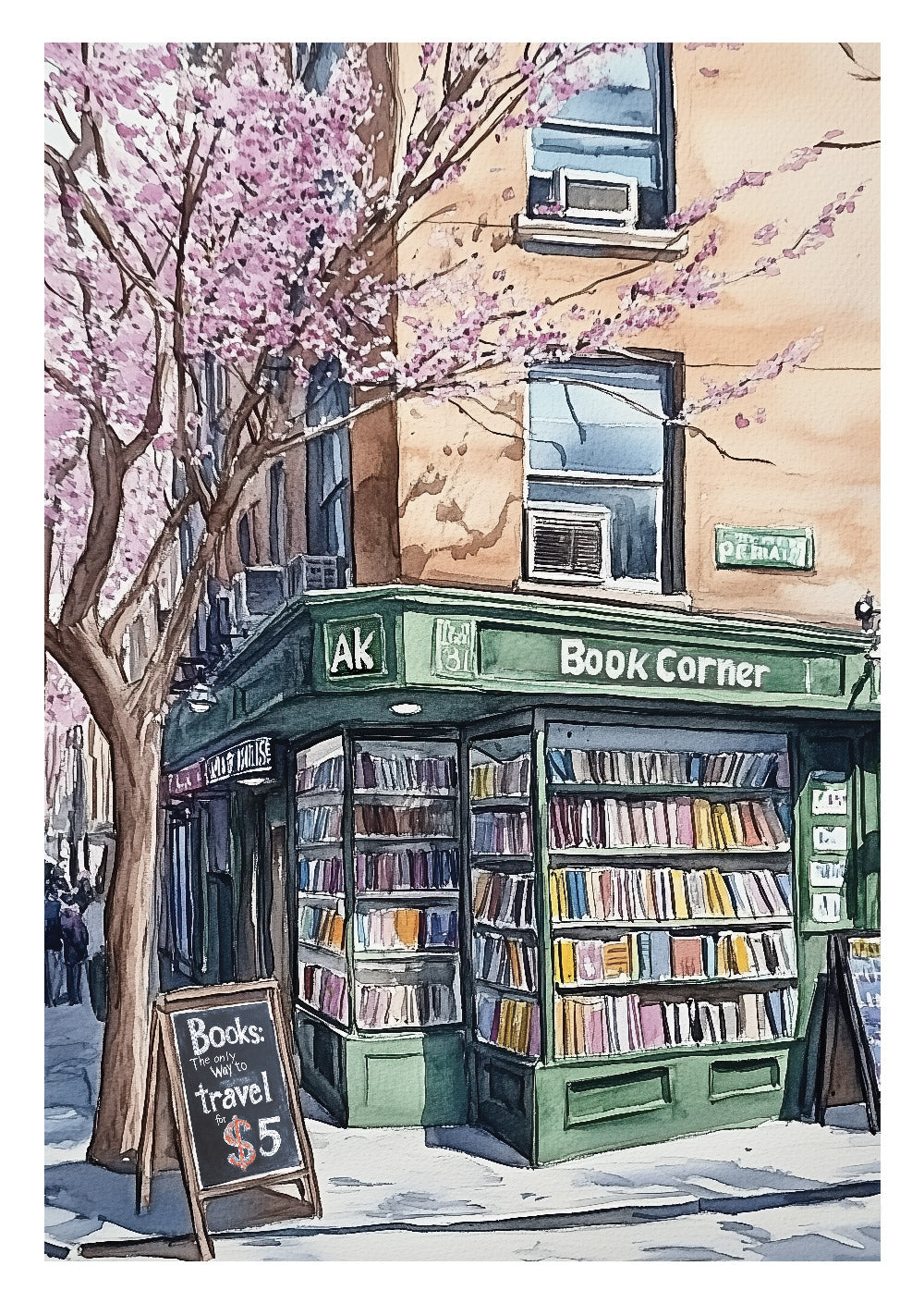 Affiche illustration à l'aquarelle de la vitrine d'une librairie new yorkaise.