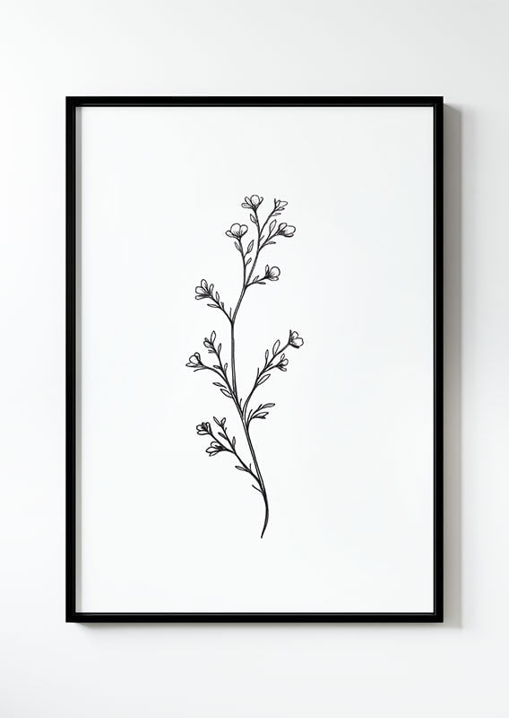 Poster botanique en noir et blanc d'une branche avec des bourgeons dans un cadre noir