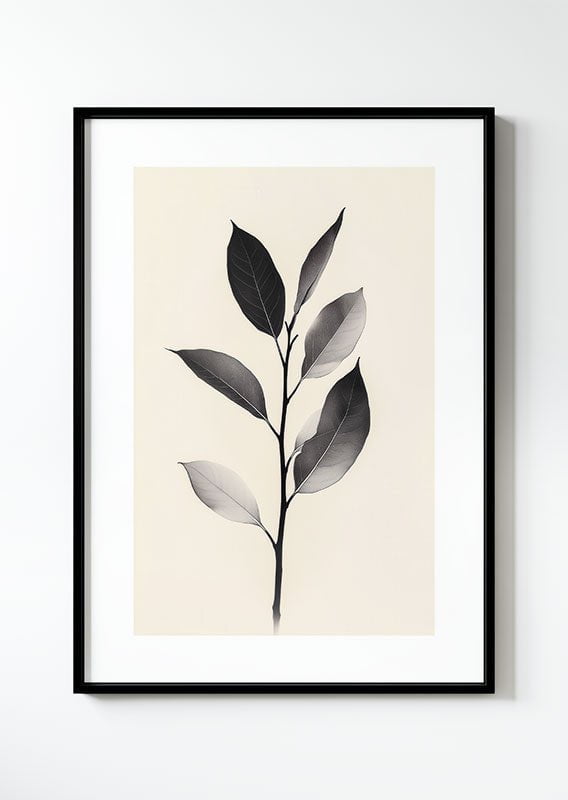 Poster Illustration botanique d'une branche de feuilles noir et blanc, fond beige, dans un cadre.