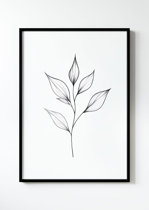 dessin Illustration florale en noir et blanc d'une branche de feuilles dans un cadre noir.