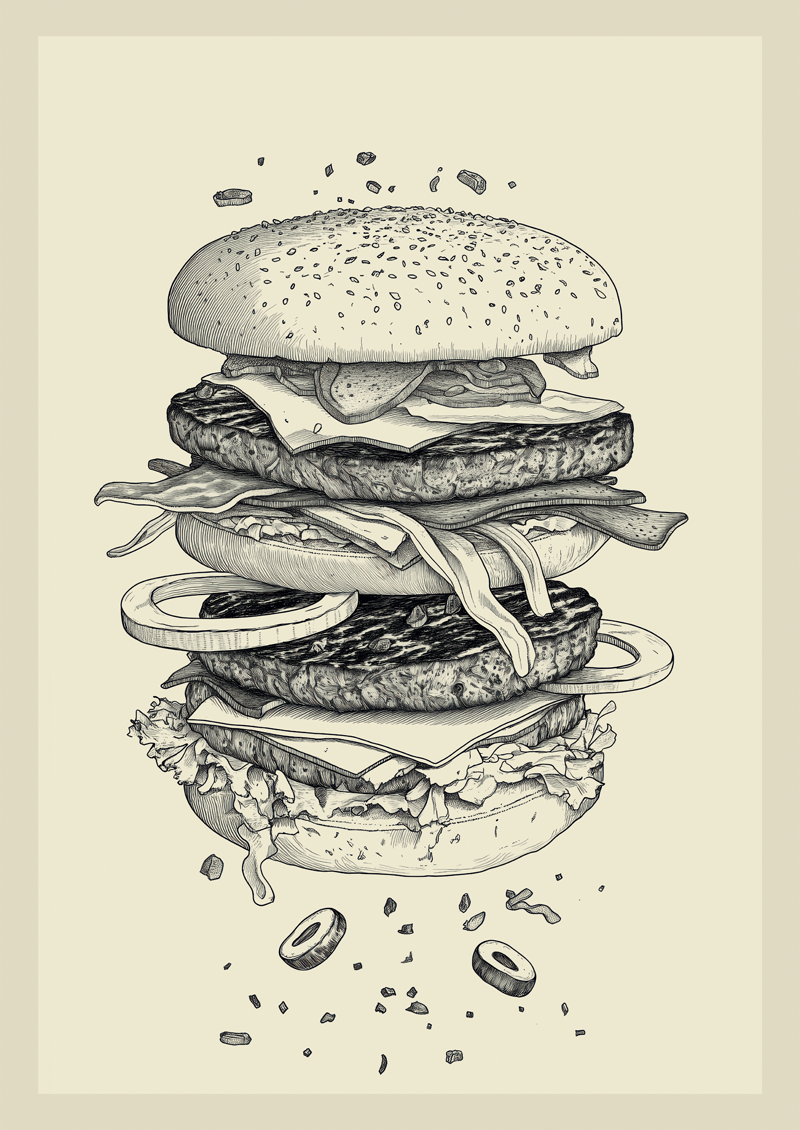 Affiche cuisine vintage d'un éclaté de burger, en noir sur fond crème.