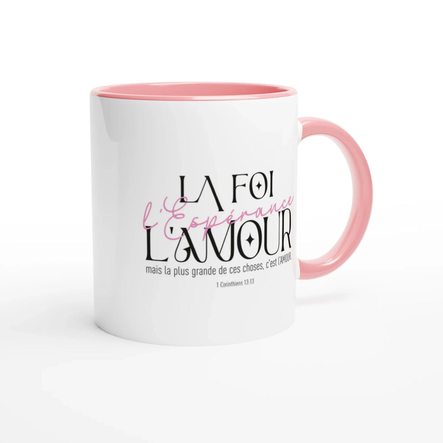 Mug en céramique chrétien avec le verset biblique 1 Corinthiens 13:13 avec anse et intérieur rose