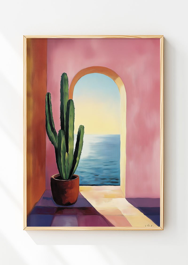 Poster italie d'une illustration d'un cactus dans un pot devant une arche rose, dans un cadre en bois