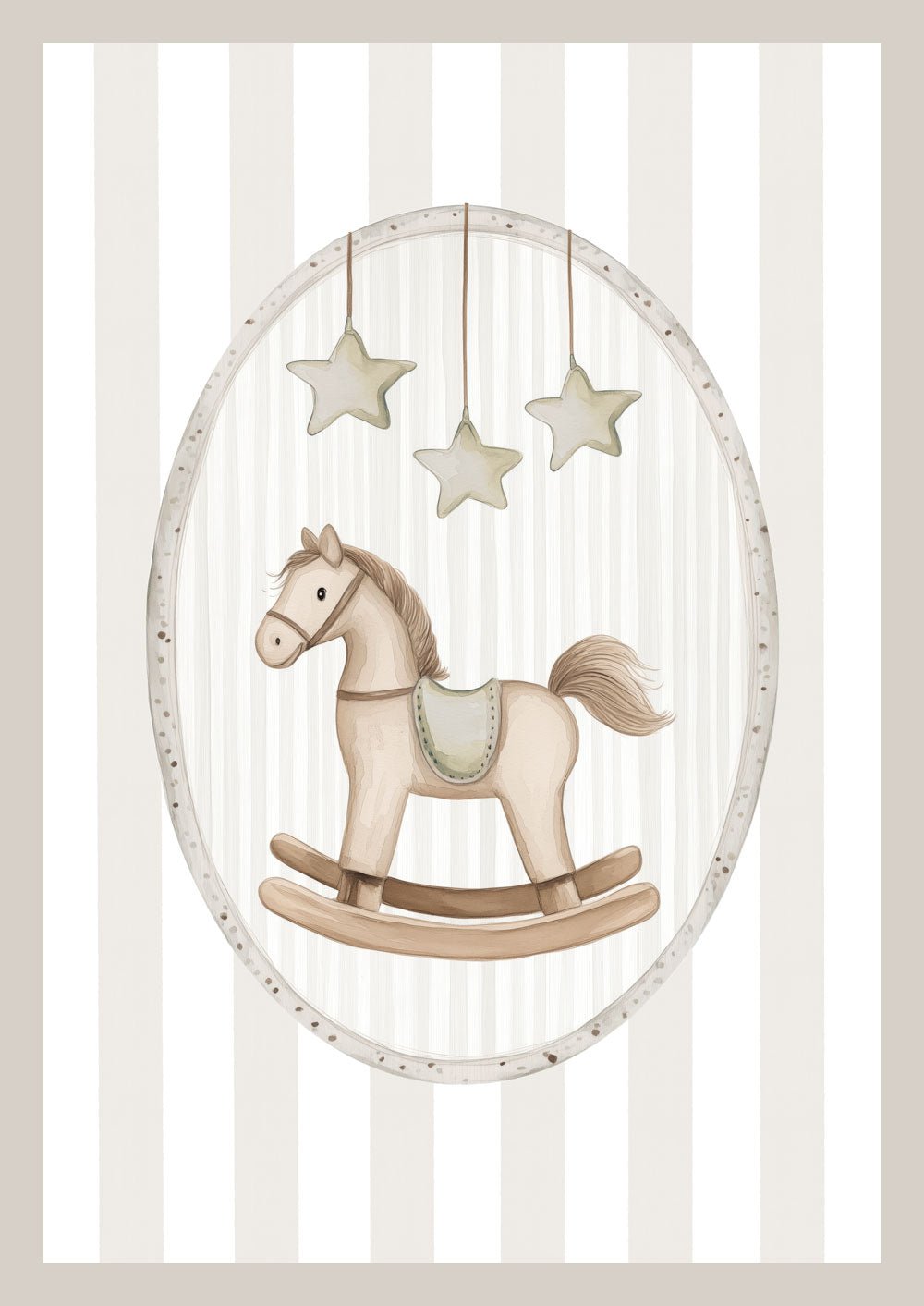 Affiche chambre enfant d'un cheval à bascule sur fond rayé aux teintes beiges.