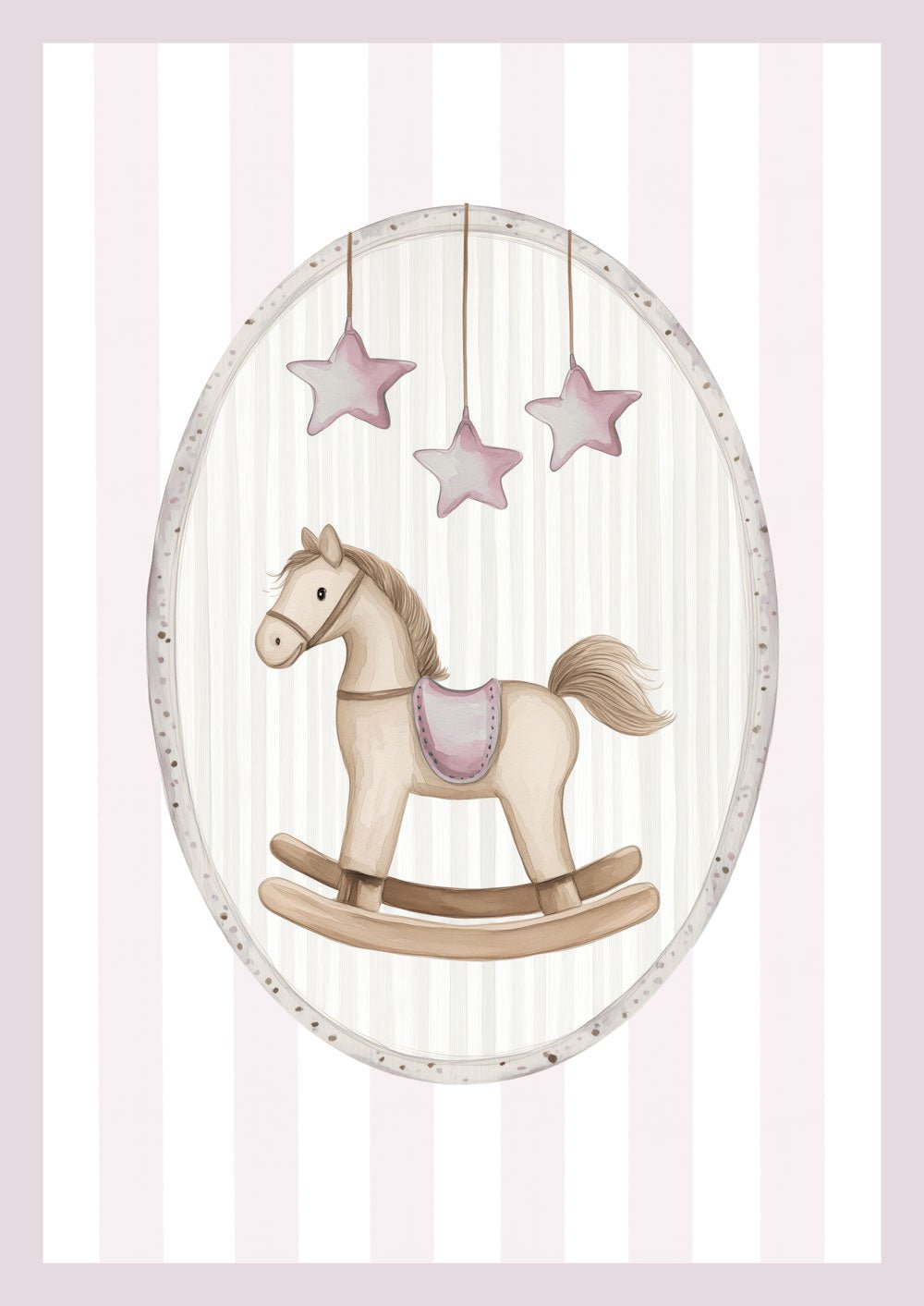 Affiche chambre enfant d'un cheval à bascule sur fond rayé aux teintes roses.