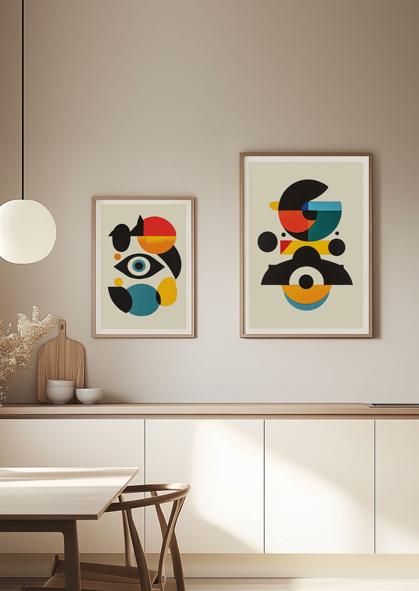 Les deux Affiche bauhaus mises en situation sur le mur d'une cuisine.