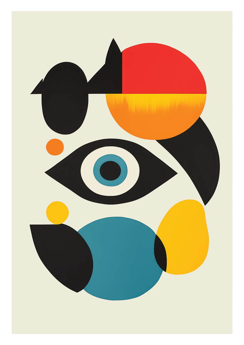 Affiche bauhaus représentant un œil et des formes géométriques
bleu jaune rouge
