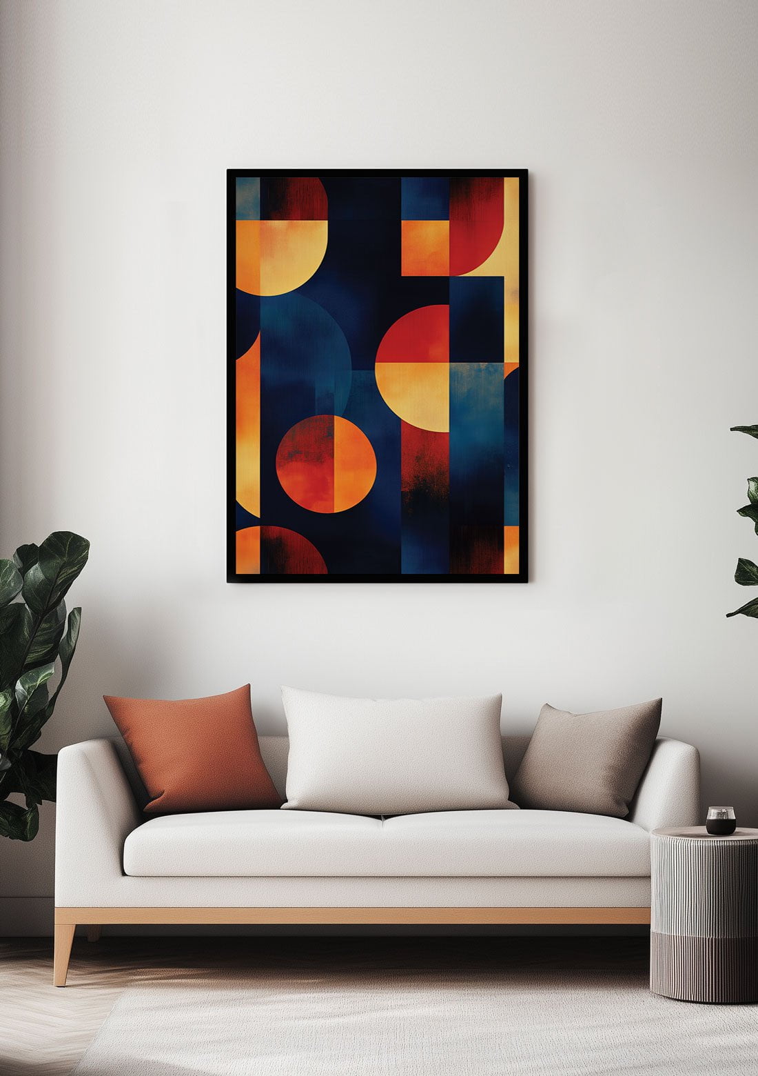 Affiche bauhaus géométrie couleurs primaires encadrée dans un salon.