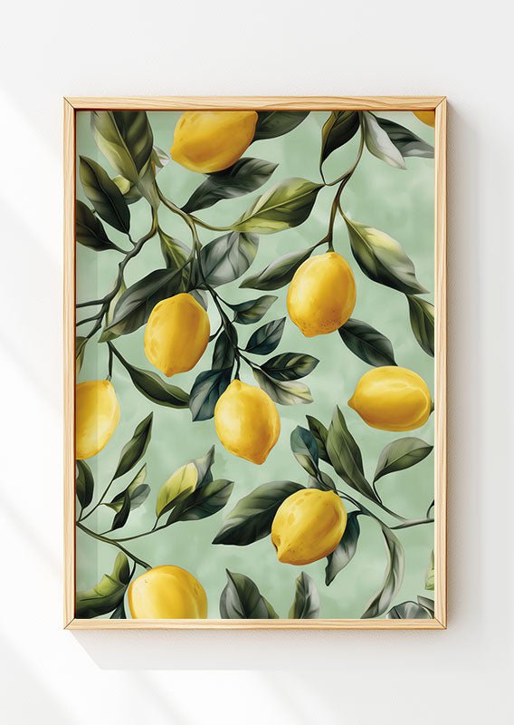Poster cuisine italie illustrant des branches de citronnier, sur fond vert clair dans un cadre en bois
