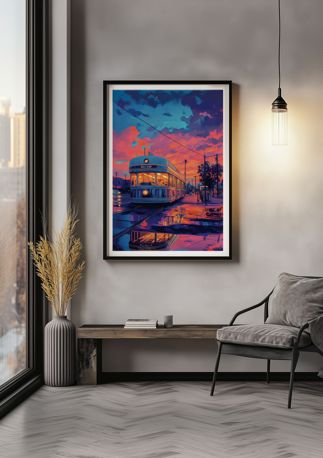 Affiche illustration tramway, dans un décor coloré, encadrée sur un mur.