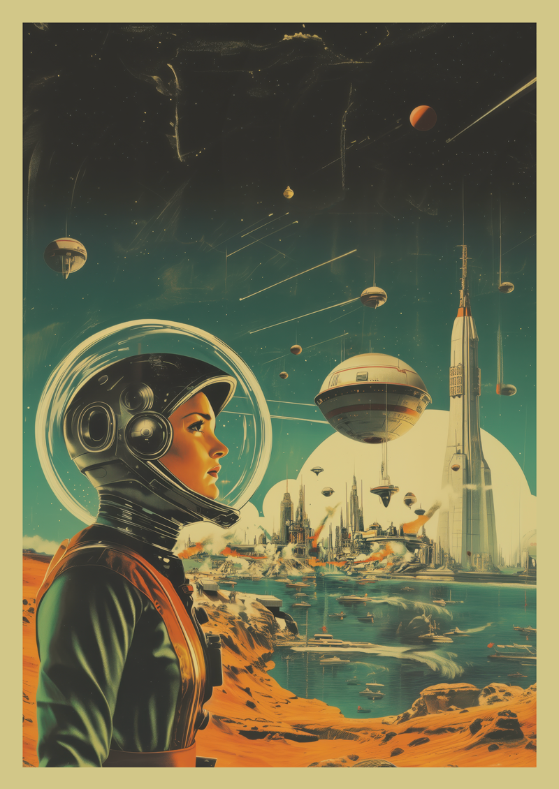 Affiche vintage science-fiction d'une femme cosmonaute sur une planète inconnue.