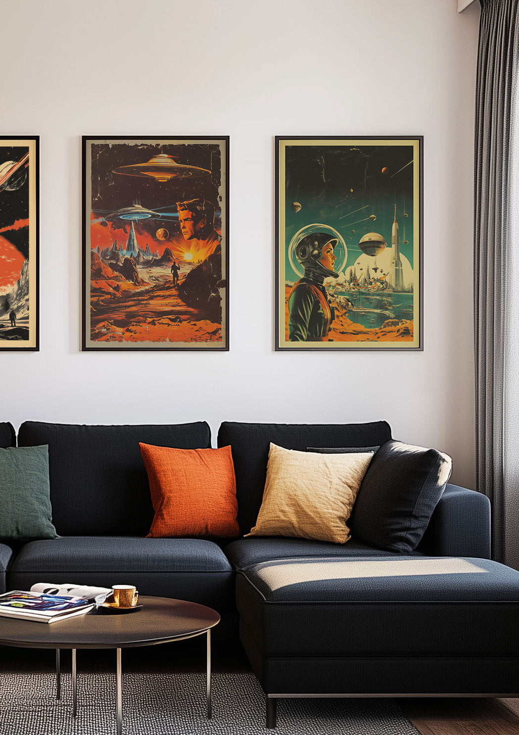 Trio d'affiches rétro exposées sur le mur d'un salon.