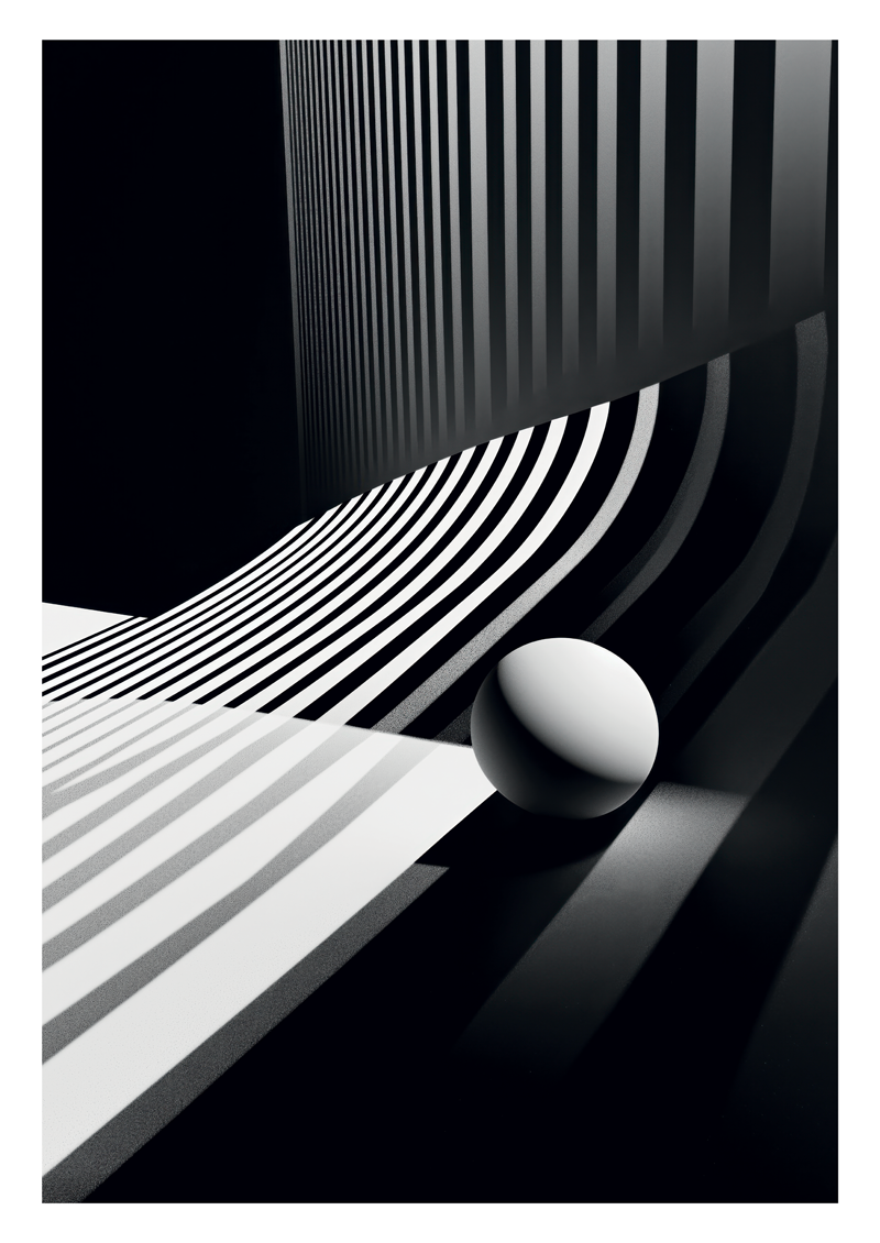 Affiche murale surréaliste graphique, de lignes blanches sur fond noir, avec une boule blanche au sol.