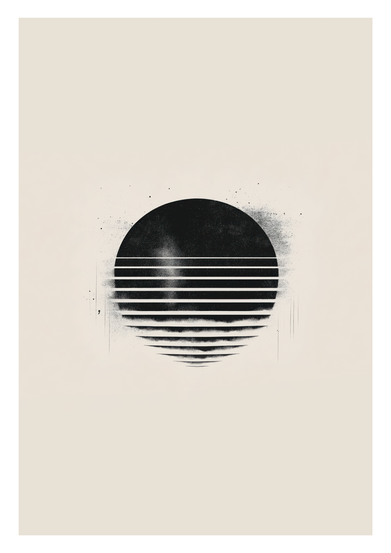 Affiche murale surréaliste d'un soleil noir strié de bandes blanches, sur fond blanc.