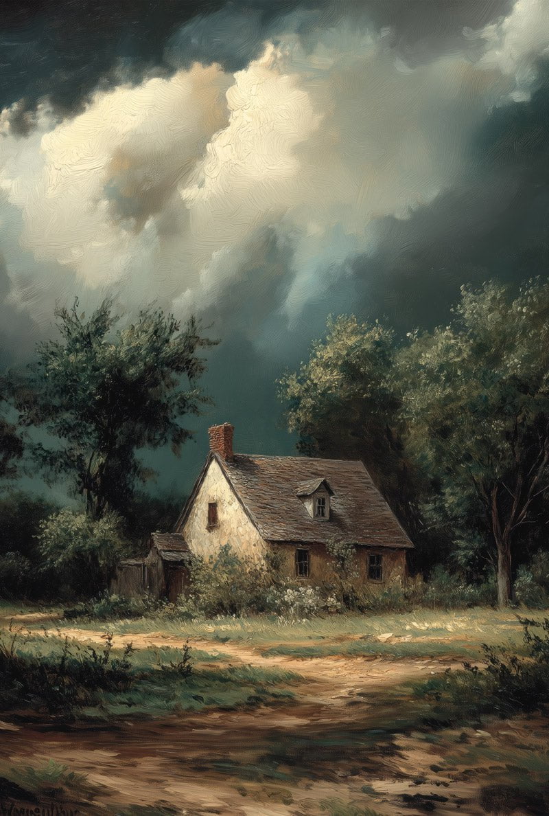 Affiche paysage campagne d'une peinture à l'huile type cottage avec un ciel nuageux en taille 40x60 cm