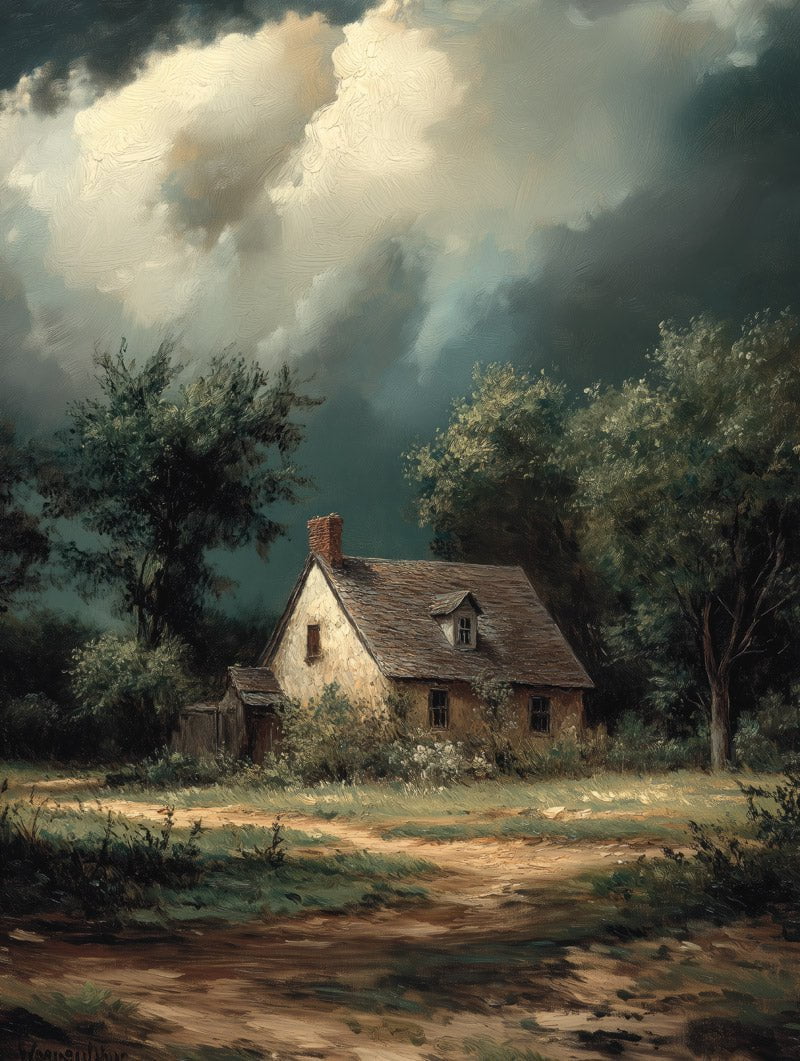 Affiche peinture à l'huile d'un cottage à la campagne avec ciel nuageux dans un format 30x40cm
