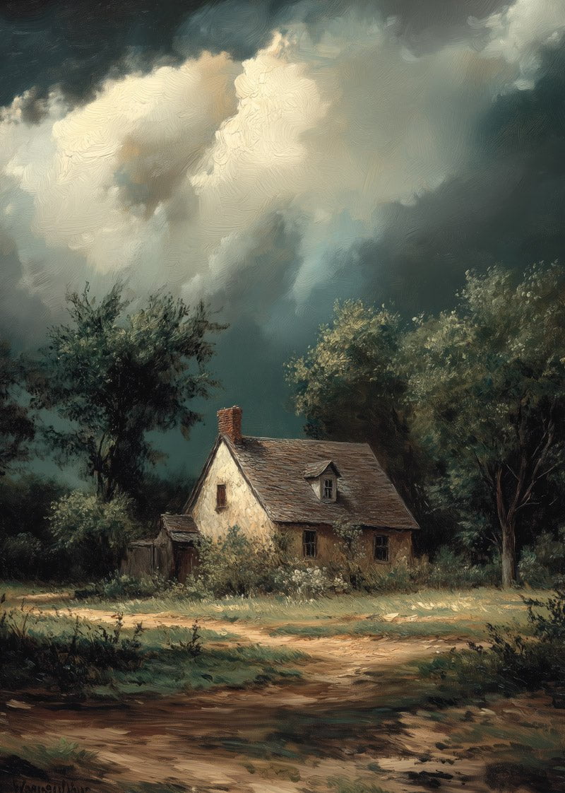 Affiche automne peinture à l'huile représentant un cottage à la campagne, ciel nuageux