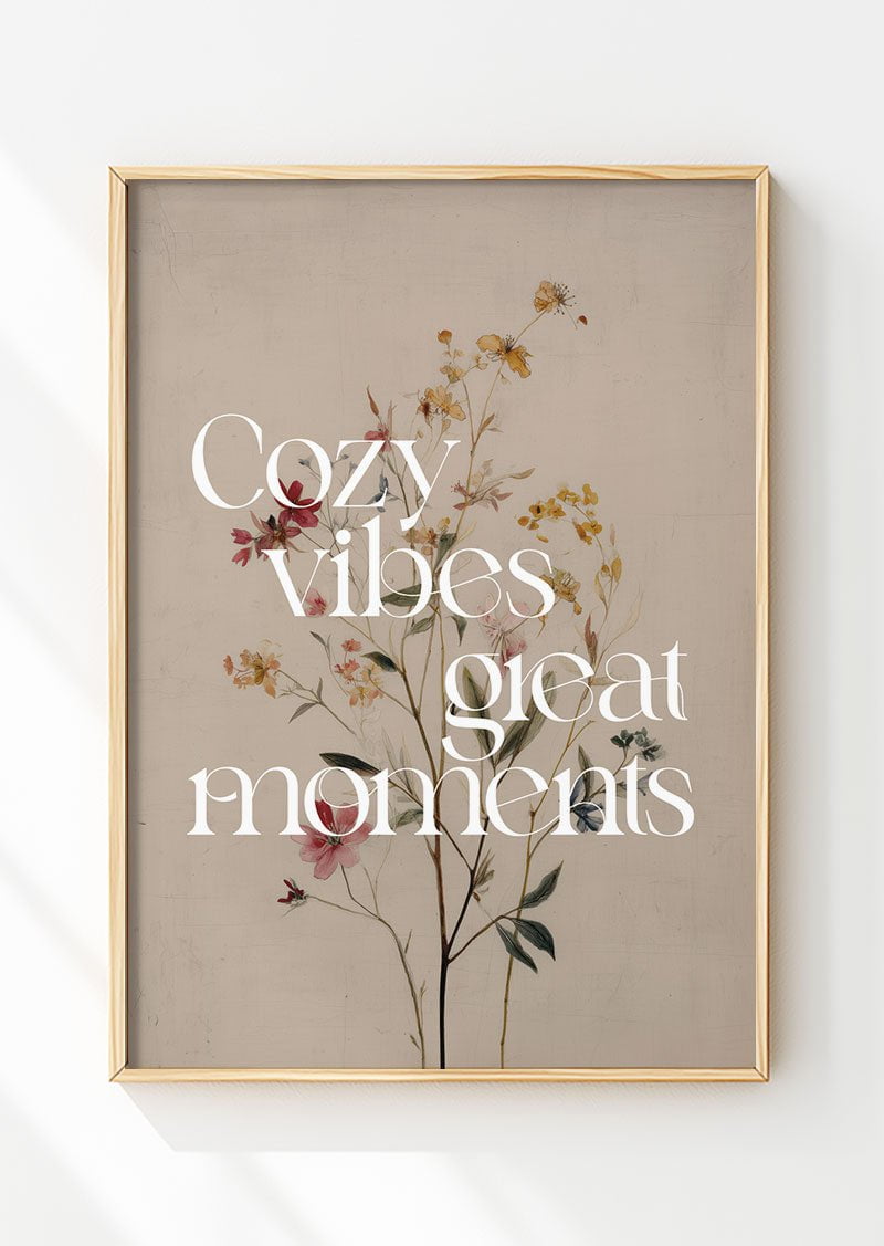 Affiche automne fleurs sur fond beige avec typographie "cozy vibes" dans un cadre