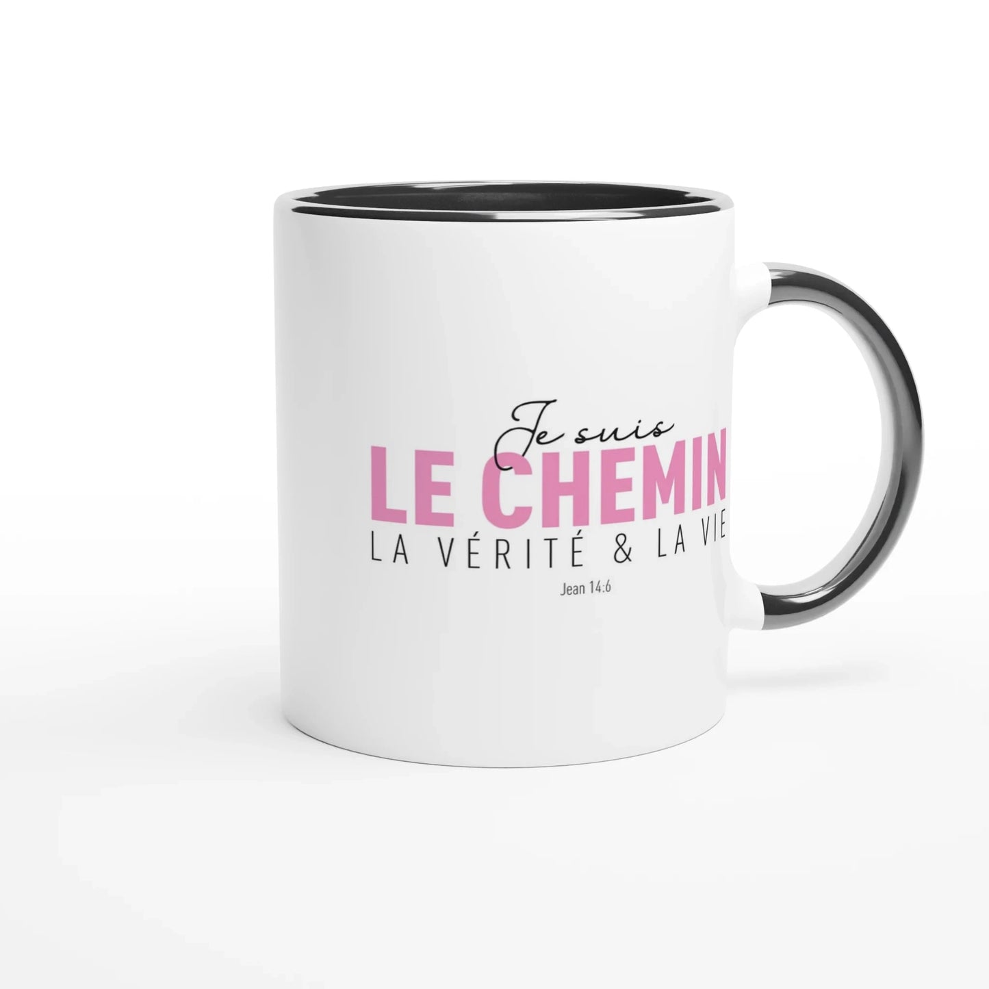 Tasse aux détails noirs inspirée de la Bible avec le verset rose et noir de jean 14:6