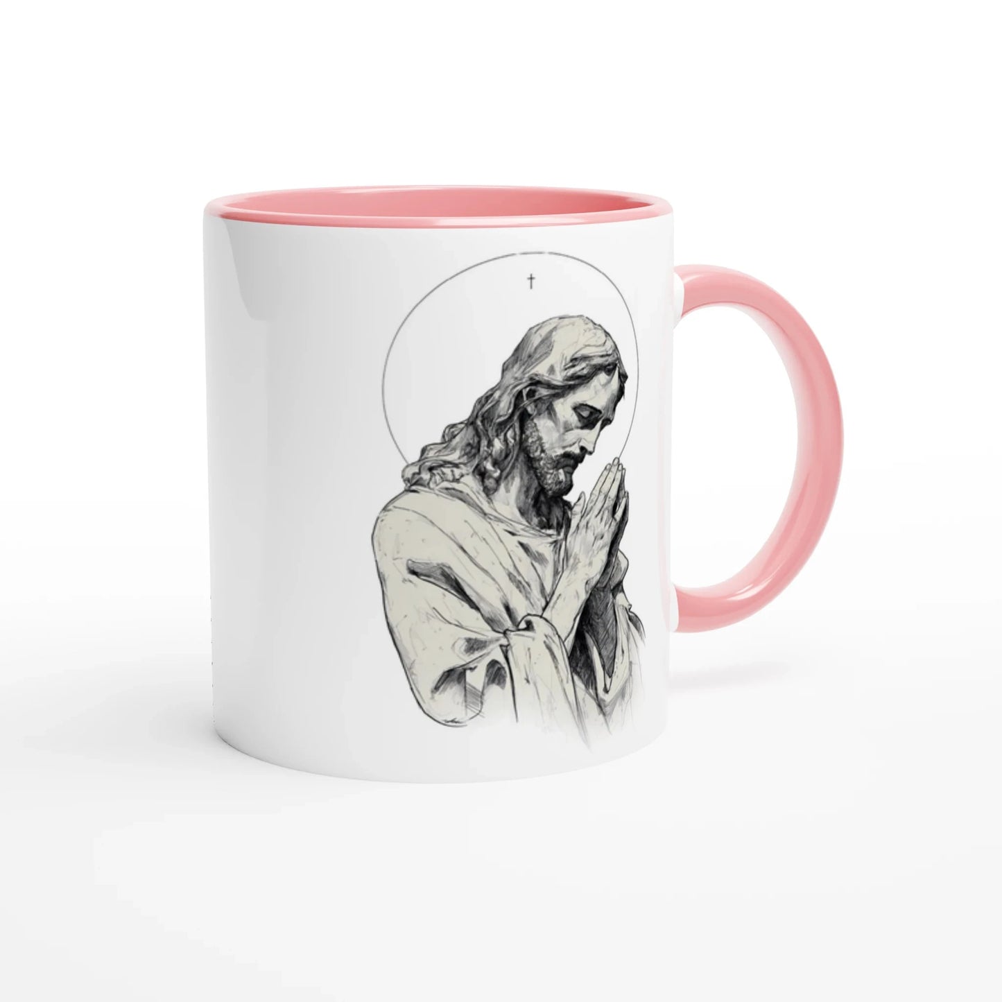 Mug design en céramique blanche avec le dessin de notre seigneur Jésus Christ, l'intérieur et la anse rose