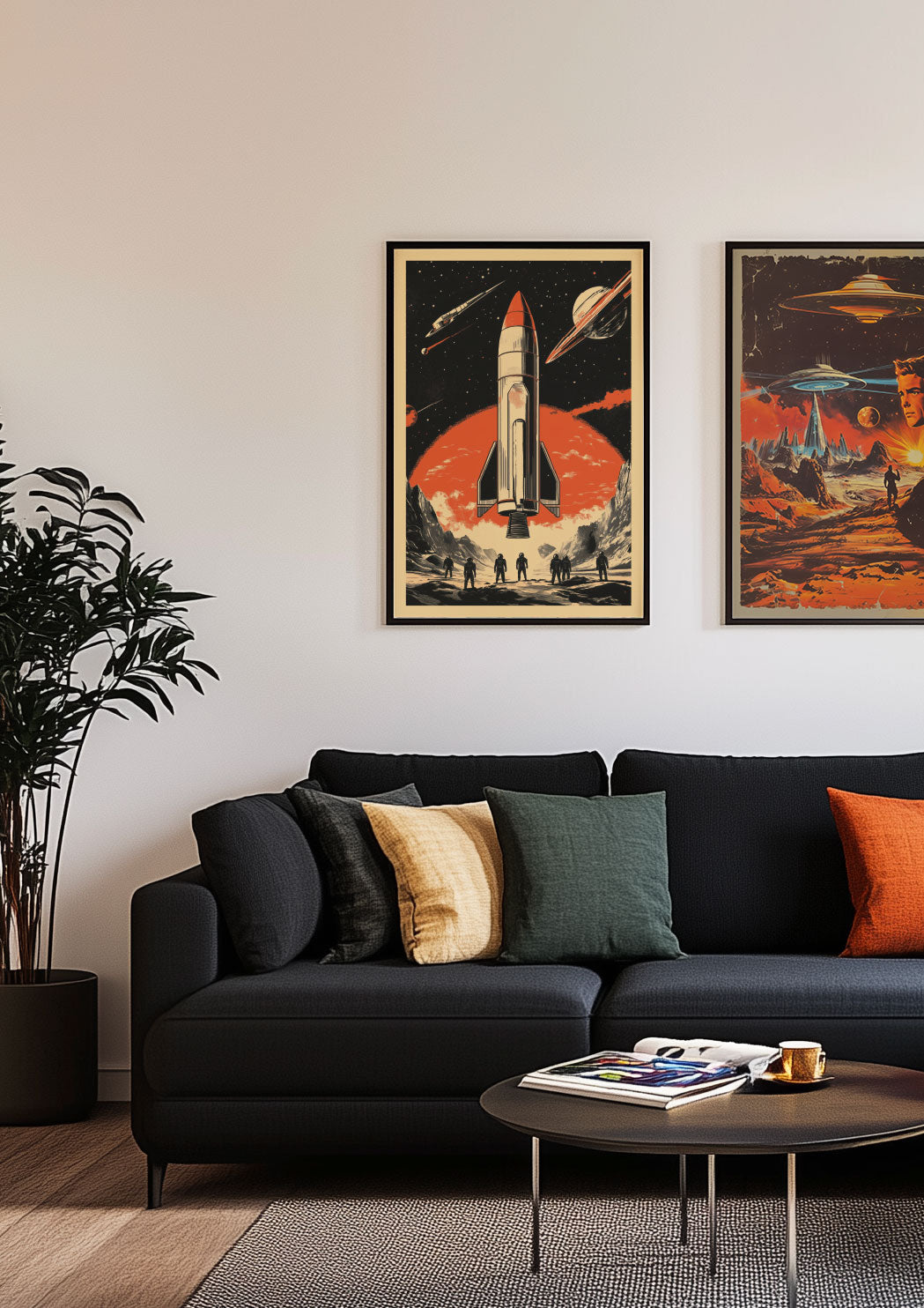 Mise en situation d'un duo d'affiche vintage au dessus d'un canapé.