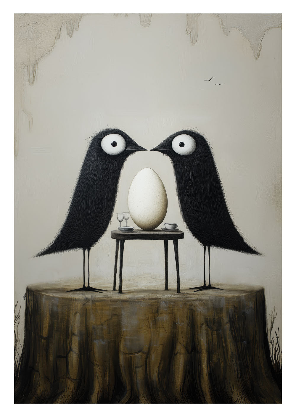 Affiche cabinet de curiosités montrant un couple d'oiseaux noirs à table devant leur dîner.