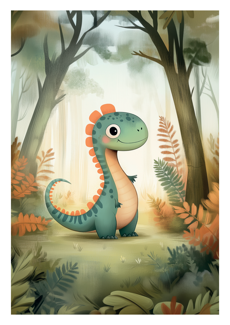 Affiche pour chambre d'enfant d'un dinosaure dans une foret, peinte à l'aquarelle.