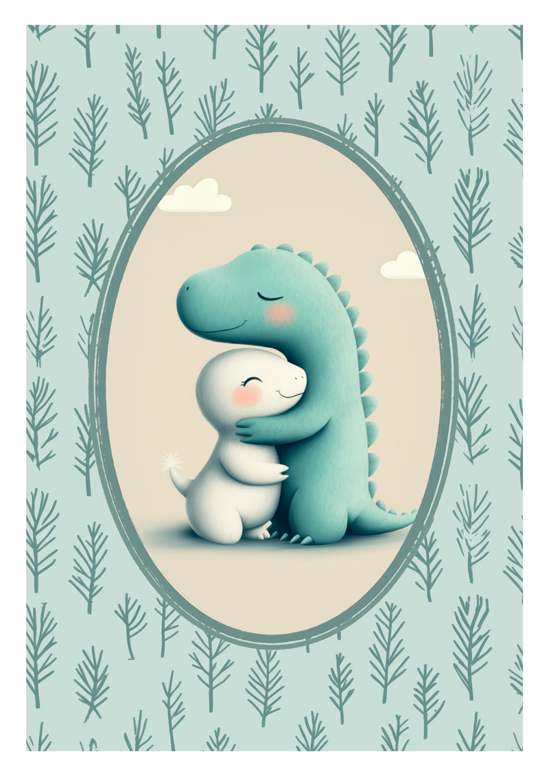 Affiche pour chambre enfant montrant deux dinosaures se faisant un calin. Fond bleu et floral.