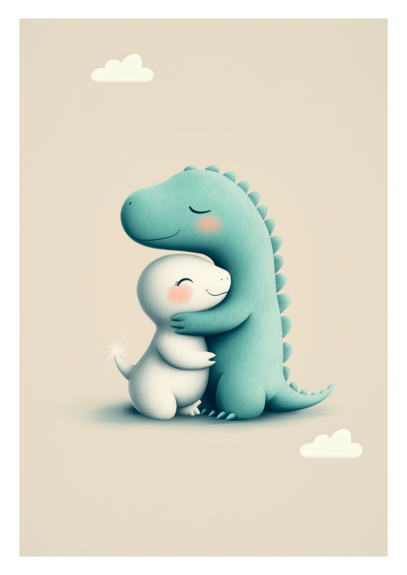 Affiche pour chambre enfant montrant deux dinosaures se faisant un calin, fond clair.