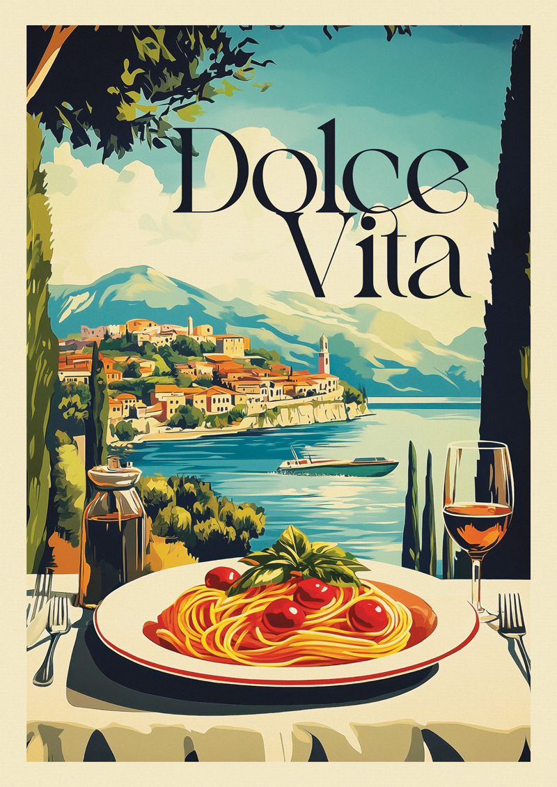 Affiche cuisine plat de pâtes avec un verre de vin, vue sur un lac avec titre "dolce vita".