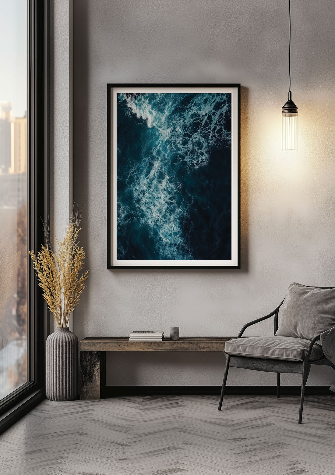 Poster photo de l'écume de vagues de l'océan, encadrée sur une mur.