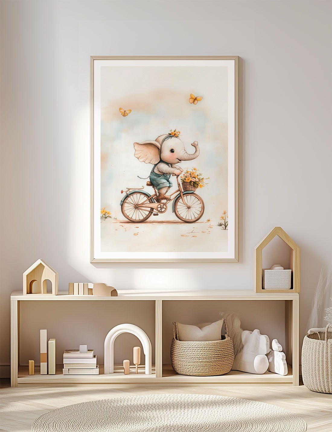 Affiche chambre enfant éléphante sur vélo vintage, encadrée, dans une salle de jeux