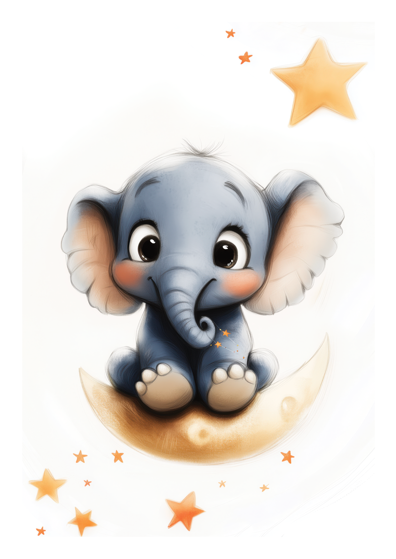 Affiche pour chambre bébé d'un éléphant posé sur une lune, avec fond blanc étoilé