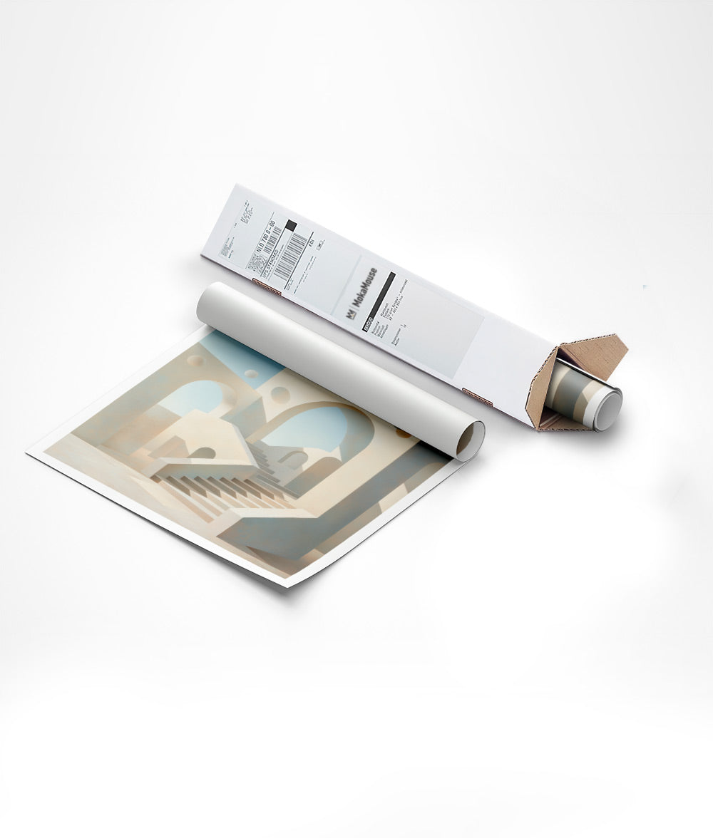 Affiche murale contemporaine structure beige dans un carton triangulaire.