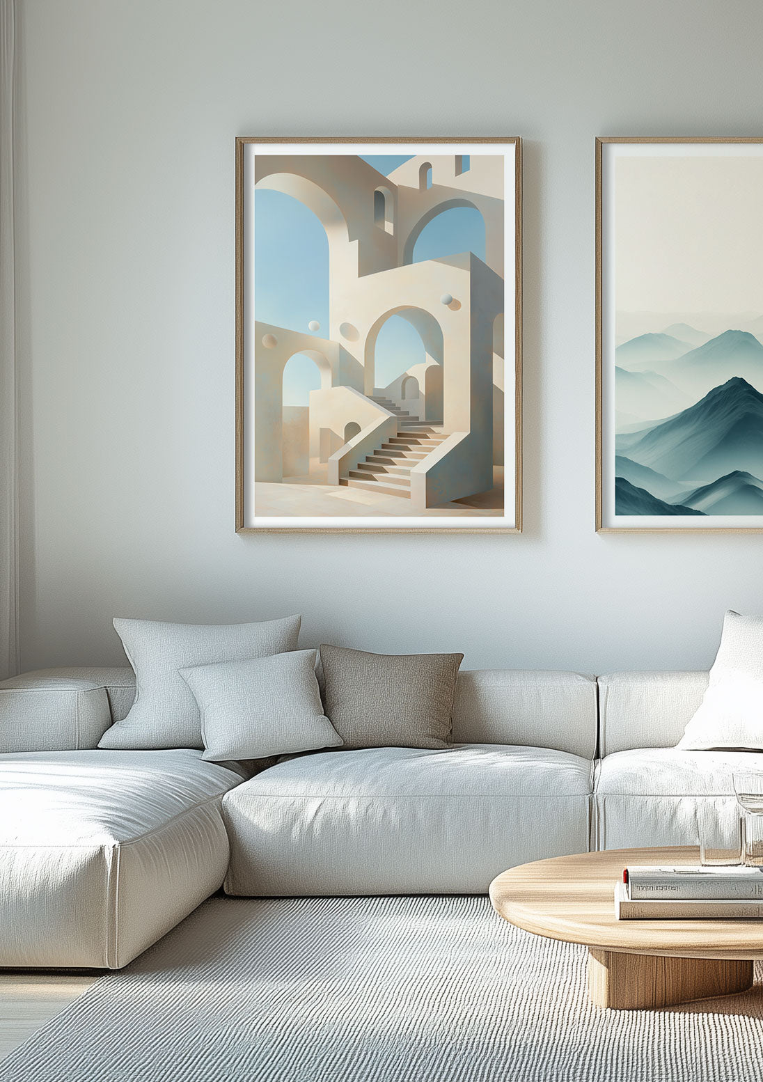 Duo d'affiches au style minimaliste exposées sur le mur d'un salon.