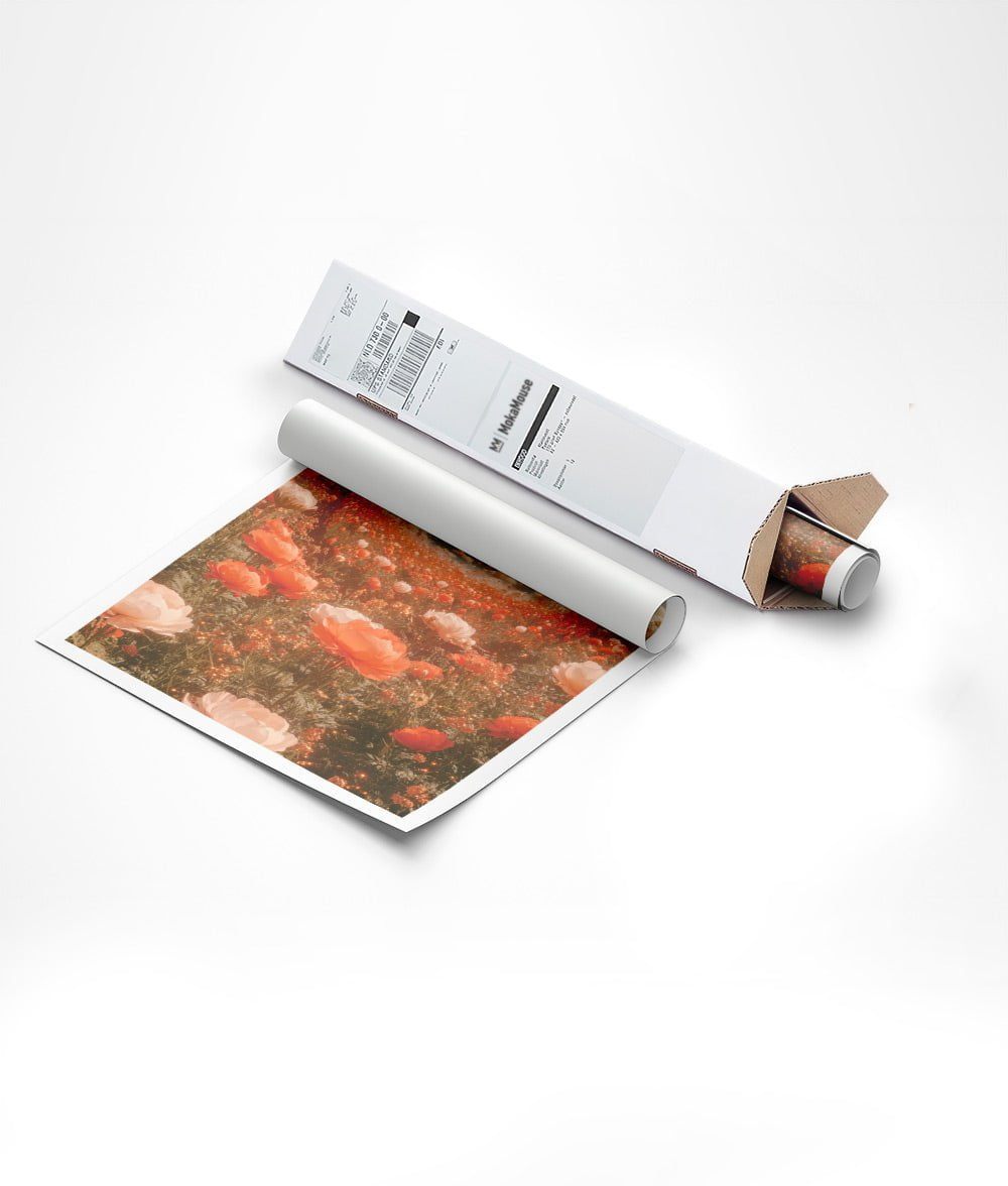 Emballage de l'affiche photographie surréaliste de coquelicots dans un carton triangulaire.