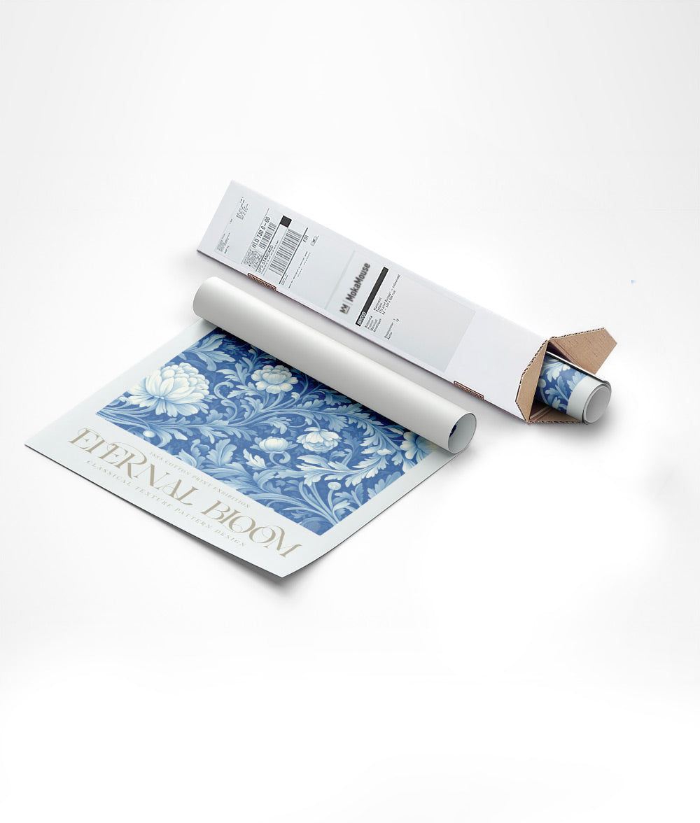 Emballage de l'illustration botanique de fleurs blanches sur fond bleu dans un carton triangle.