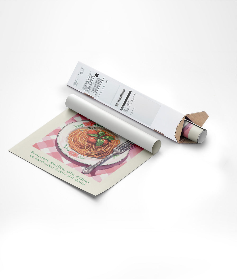 Emballage de l'affiche pâtes à la sauce tomate dans un carton triangulaire.