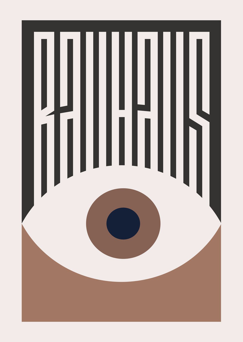 Affiche murale avec œil mocha sur fond crème, en deux parties colorées. Titre Bauhaus formant des cils graphiques.