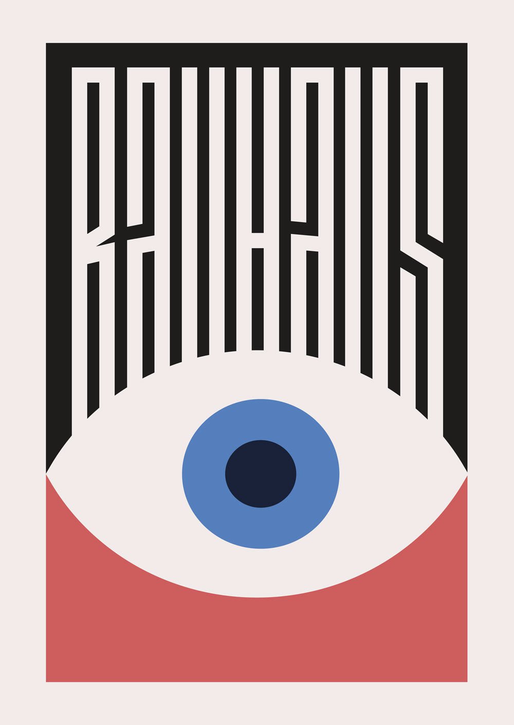 Affiche murale avec œil bleu et rouge, en deux parties colorées. Titre Bauhaus formant des cils graphiques.