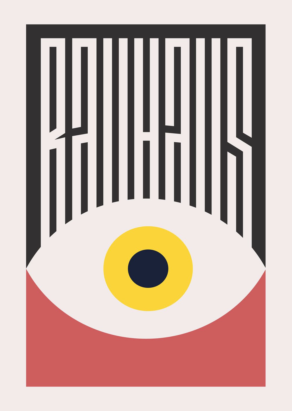 Affiche murale avec œil jaune et rouge, en deux parties colorées. Titre Bauhaus formant des cils graphiques.