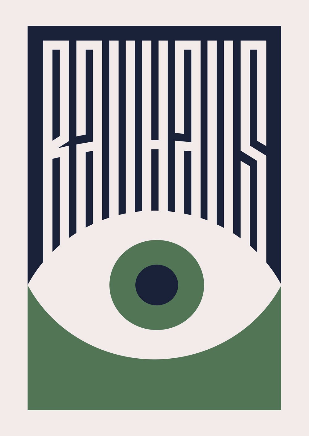 Affiche murale avec œil et fond vert, en deux parties colorées. Titre Bauhaus formant des cils graphiques.