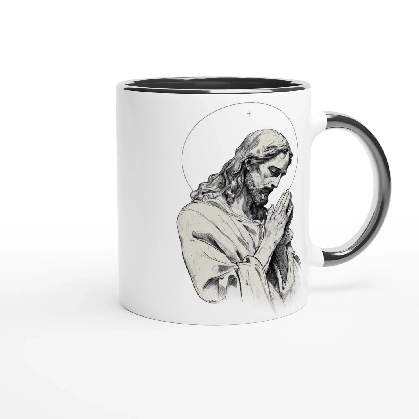 Mug dessin chrétien de Jésus christ les mains jointes, avec l'intérieur de la céramique et la anse noir