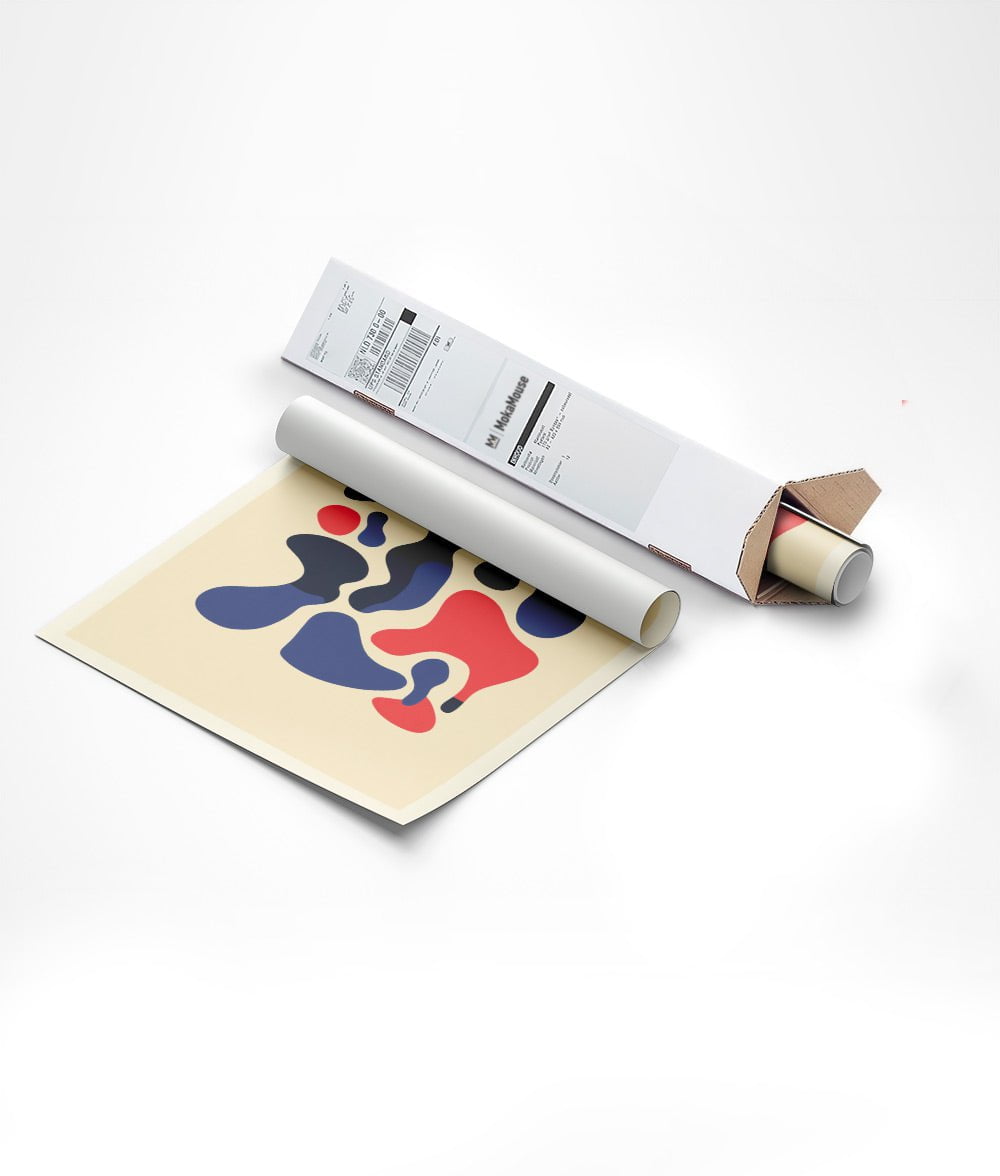 Emballage de l'affiche murale de formes fluides et abstraites dans un carton de forme triangulaire.