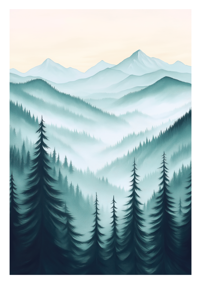 Affiche illustration aquarelle d'un paysage brumeux aux tons bleus arbres et montagnes.
