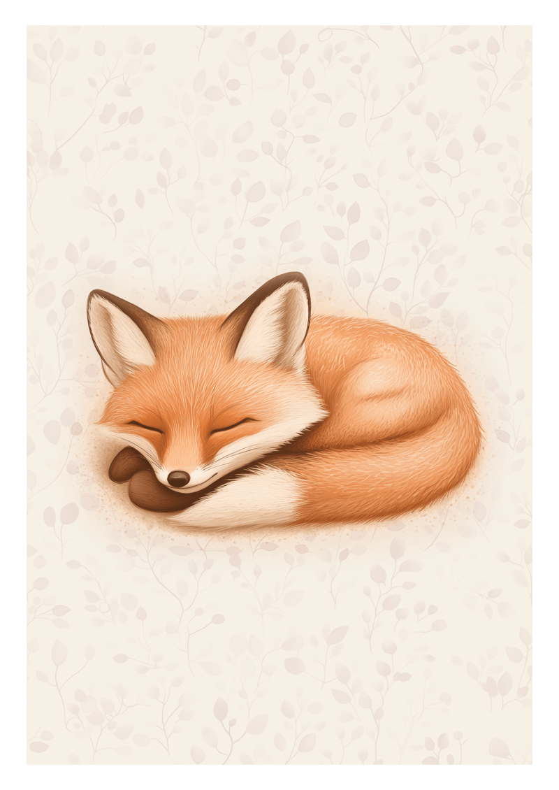 Affiche chambre enfant d'un renard endormi, sur fond crème fleuri.