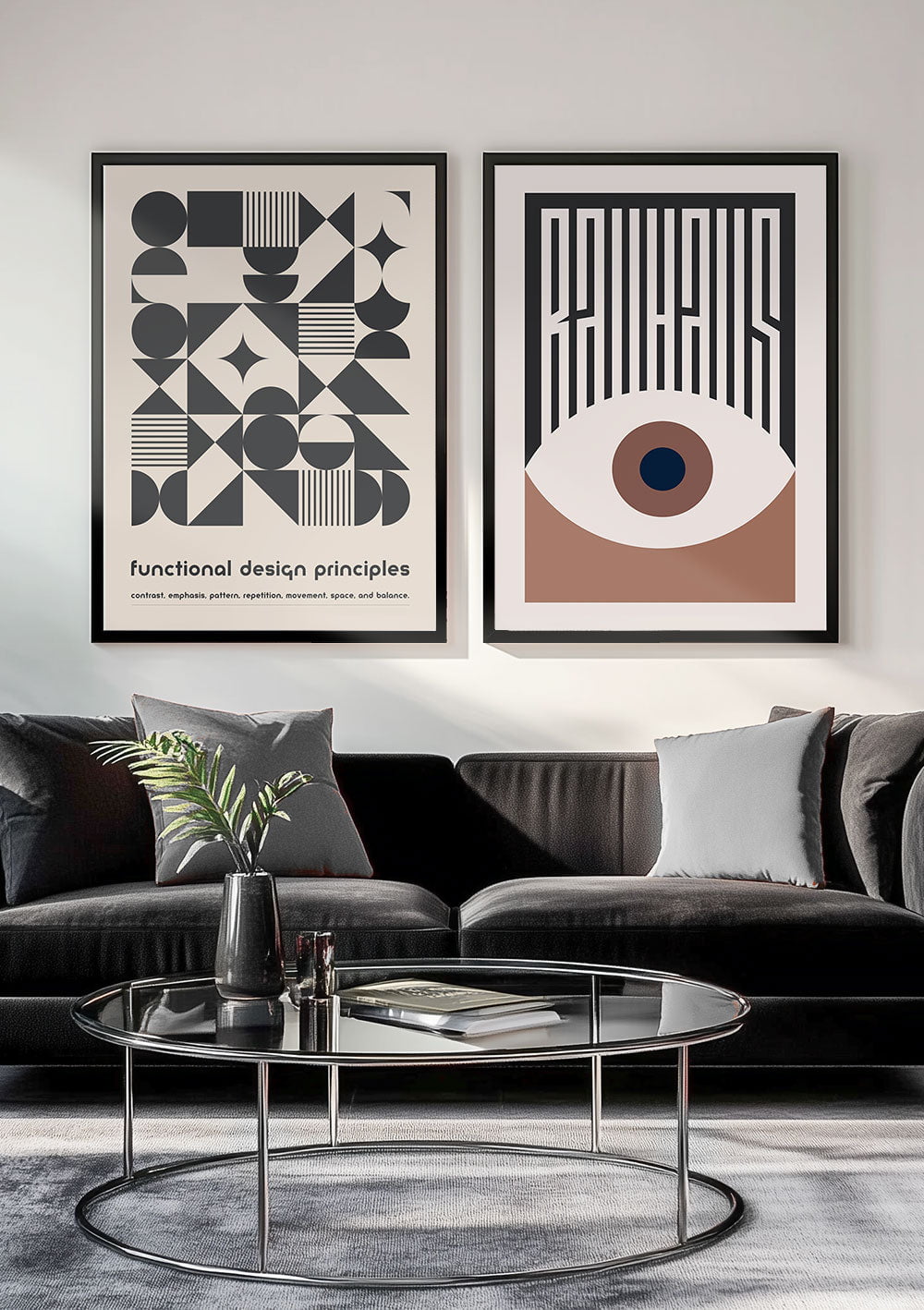 Affiche bauhaus gris anthracite encadrée en duo avec affiche œil mocha