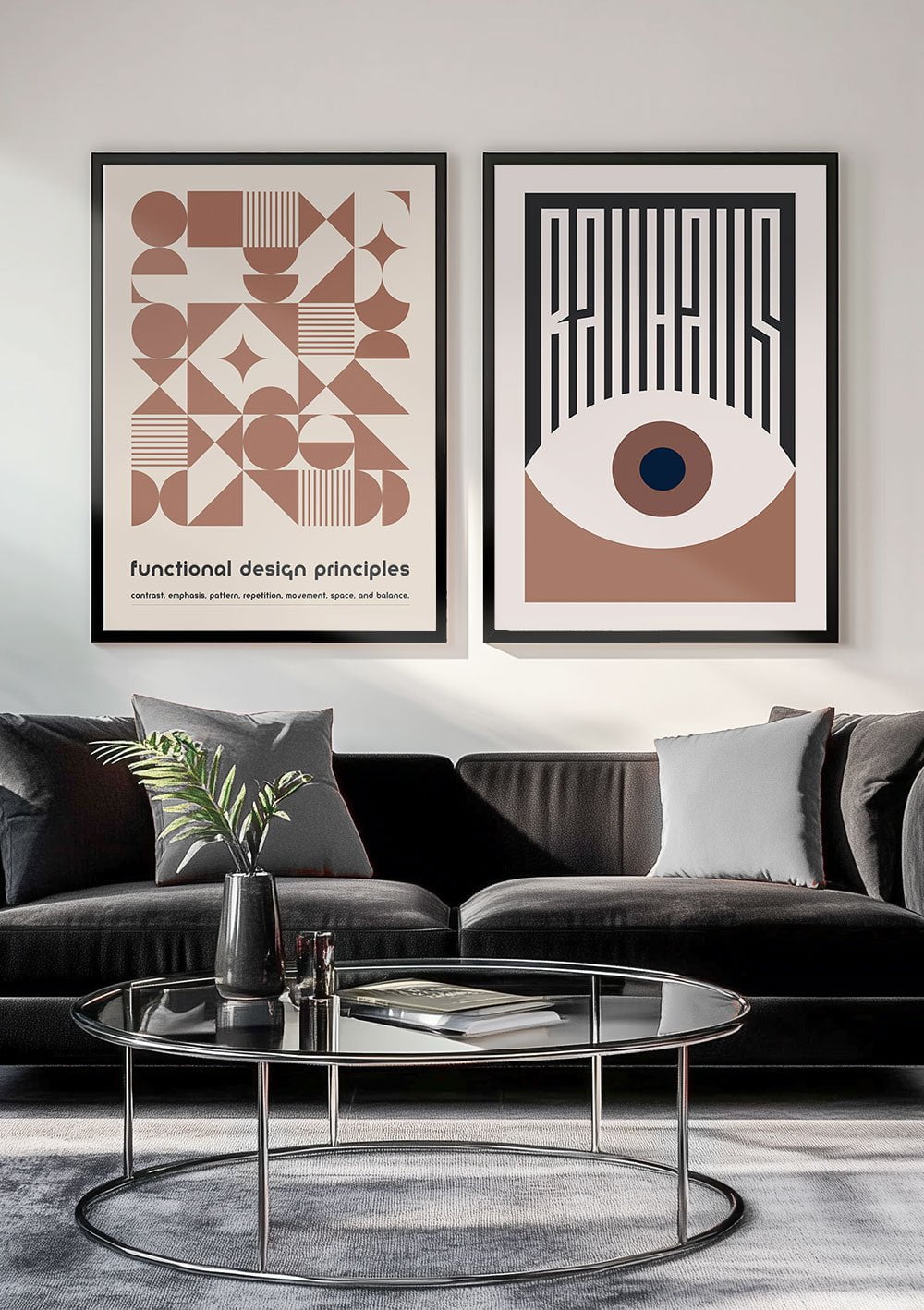 Affiche murale minimaliste et œil, couleur mocha en duo sur le mur d'un salon.
