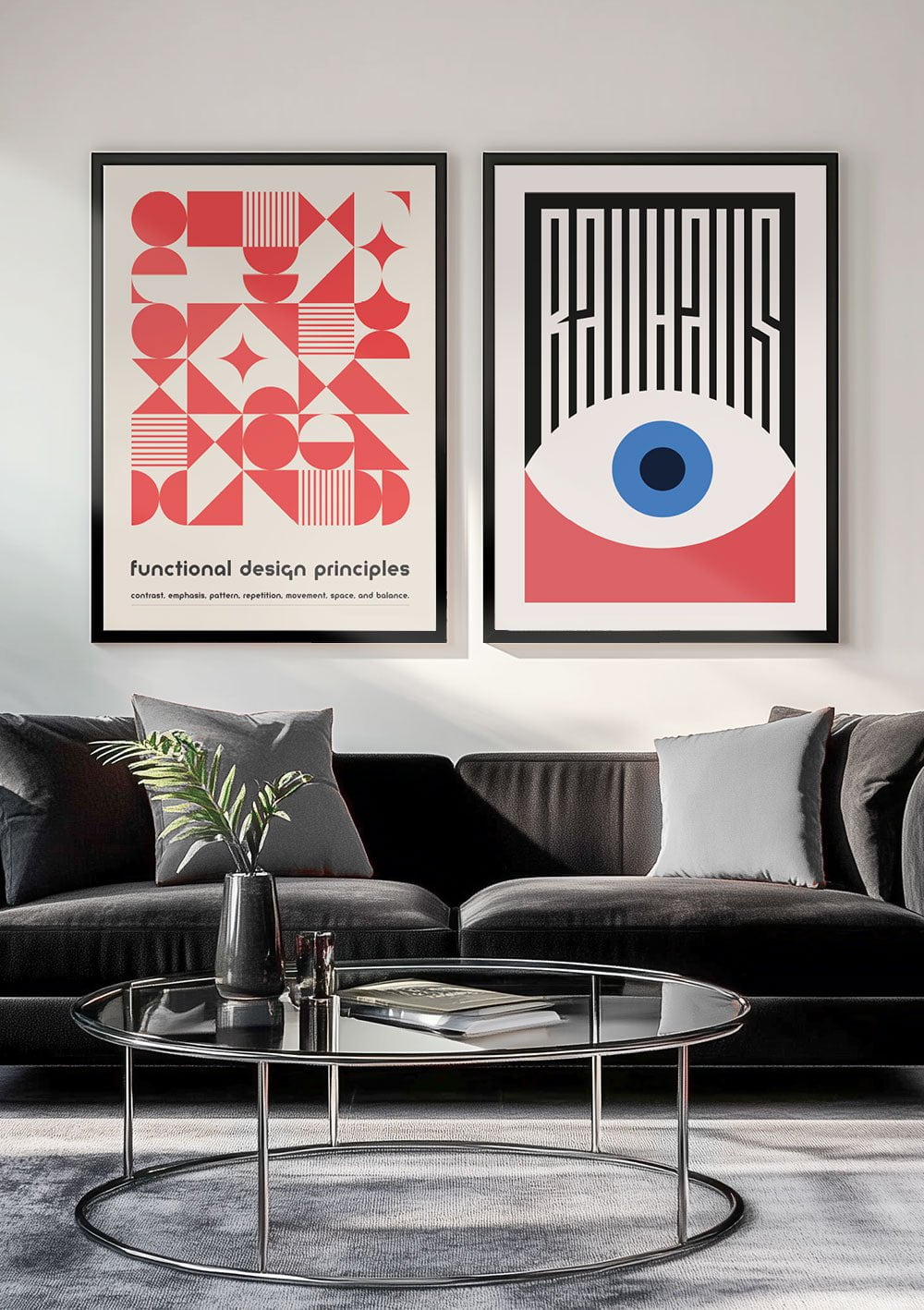 Les deux affiche en rouge encadrées en duo dans un salon.